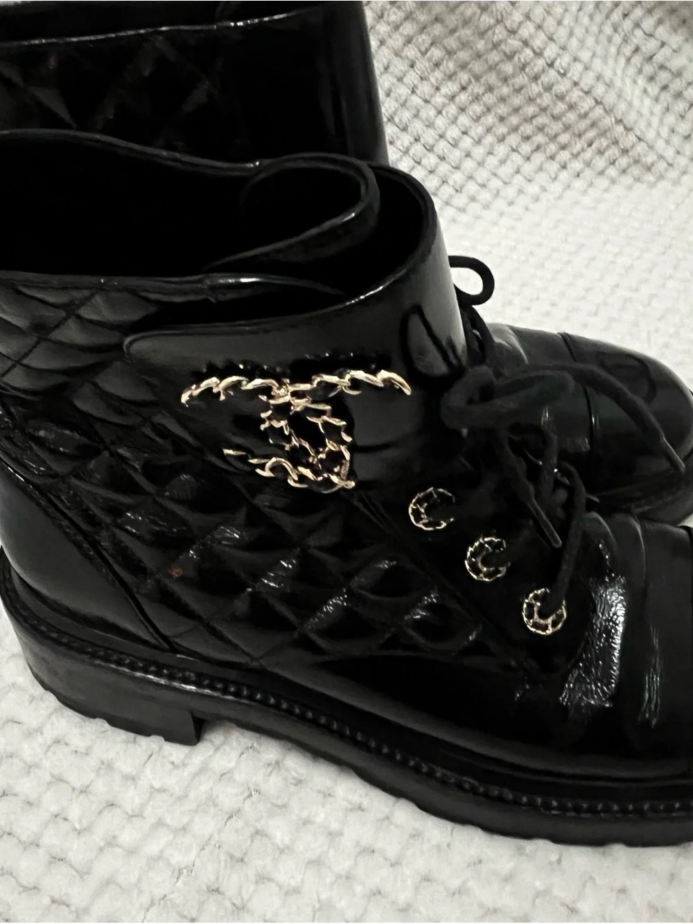 CHANEL Black Quilted Patent Lace-Up Ankle Boots with Gold CC 100% authentic